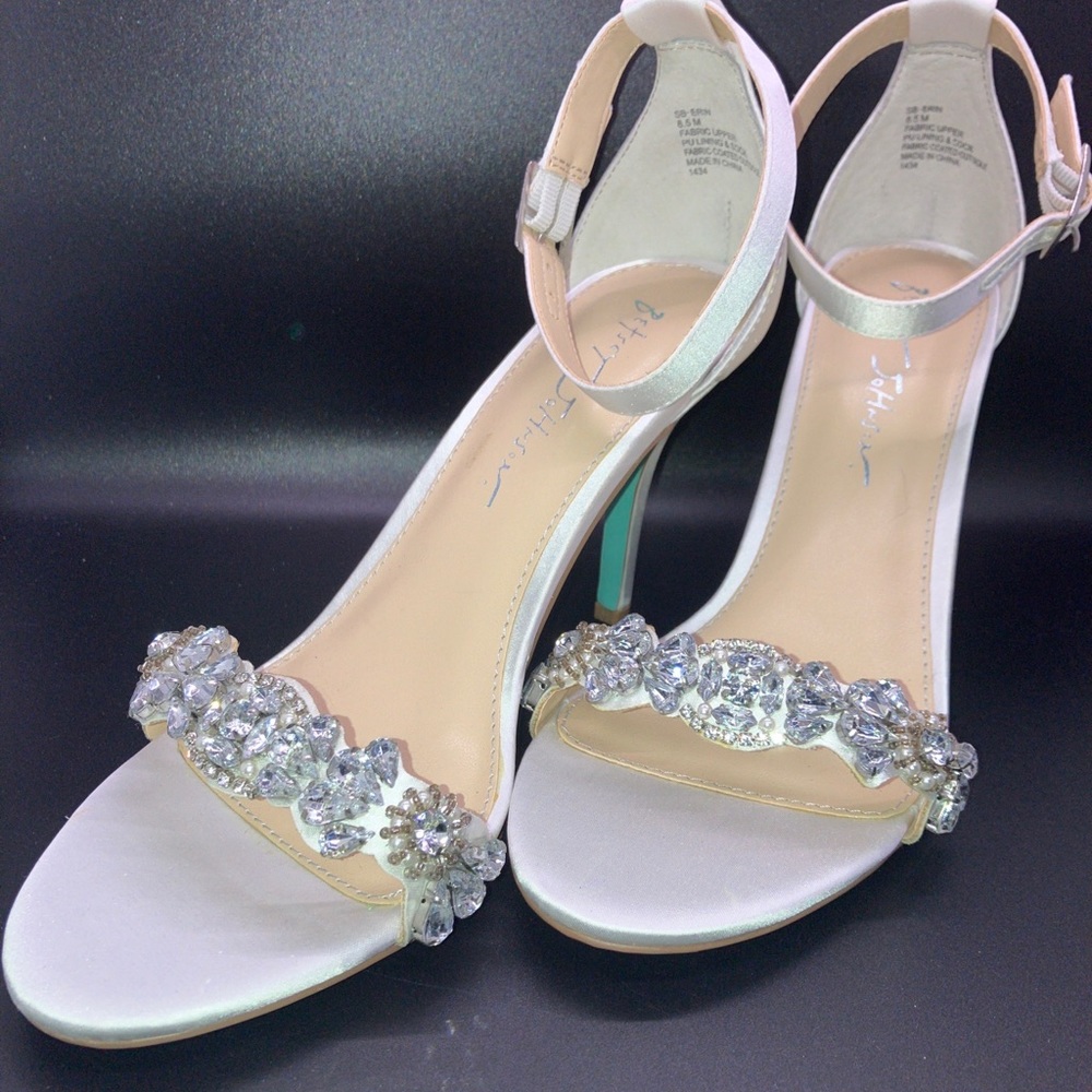 White Satin & Rhinestone Betsy Johnson Blue Edition Special Occasion Stilletos